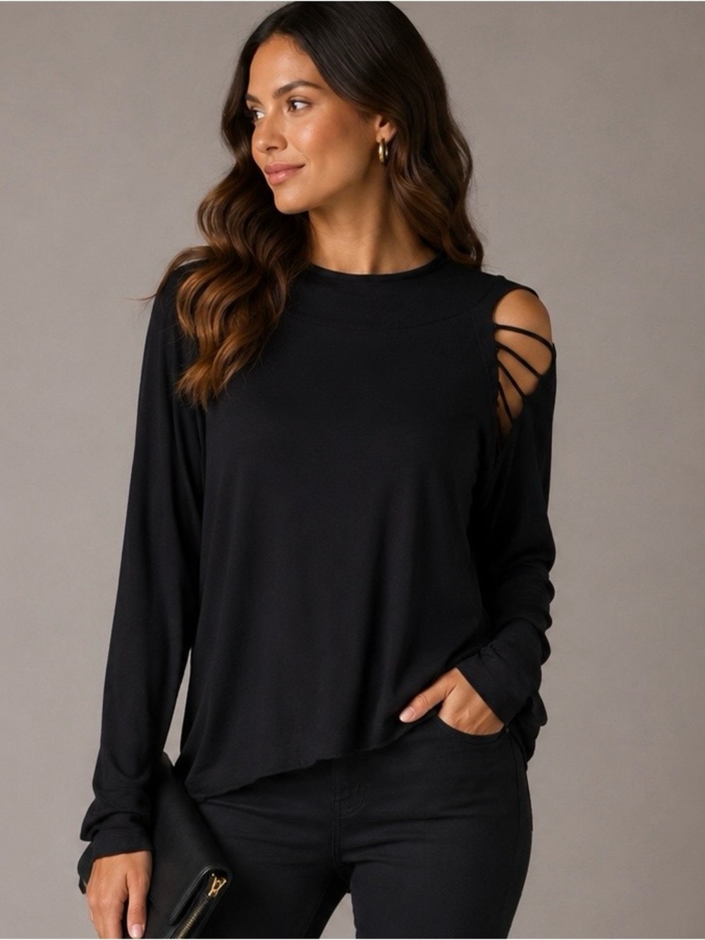 LA Made Black Cutout Shoulder Long Sleeve Tunic Top Large NWOT